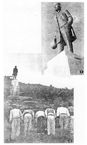스오원장동상 모습, 동상에 참배하는 원생 흑백사진